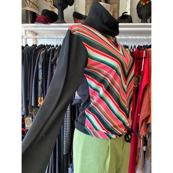vintage 1970s chevron striped turtleneck 70s mod black and pink shirt deadstock - Picture 4 of 8